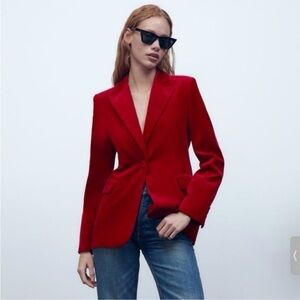 Zara Velvet Button Blazer in Red Size L